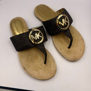 Women's Michael Kors Brown Gold MK Logo Thong Sandals Size 7